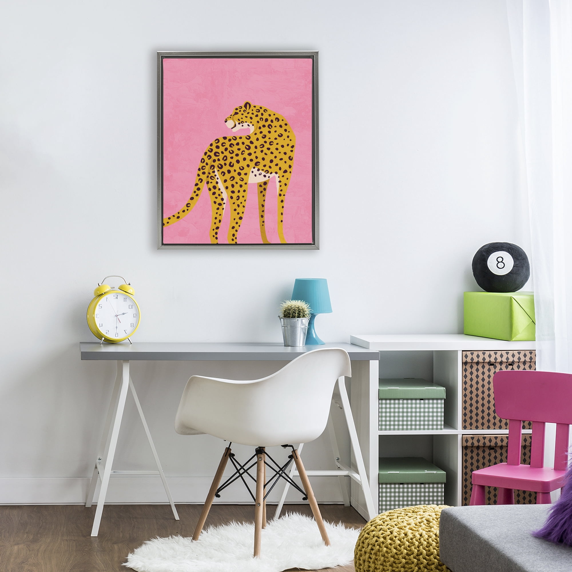 Stupell Industries Leopard on Pink Serenade Gray Framed Floater Canvas Wall Art, design by Kim Allen