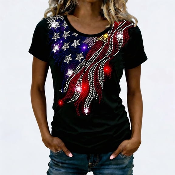 Glisme T Shirt For Womens Short Sleeve Patriotic Graphic T Shirt Sparkly Shining Print Top For Independence Day Celebration Crewneck Tee Durable 4Th Of July Clothing L Red