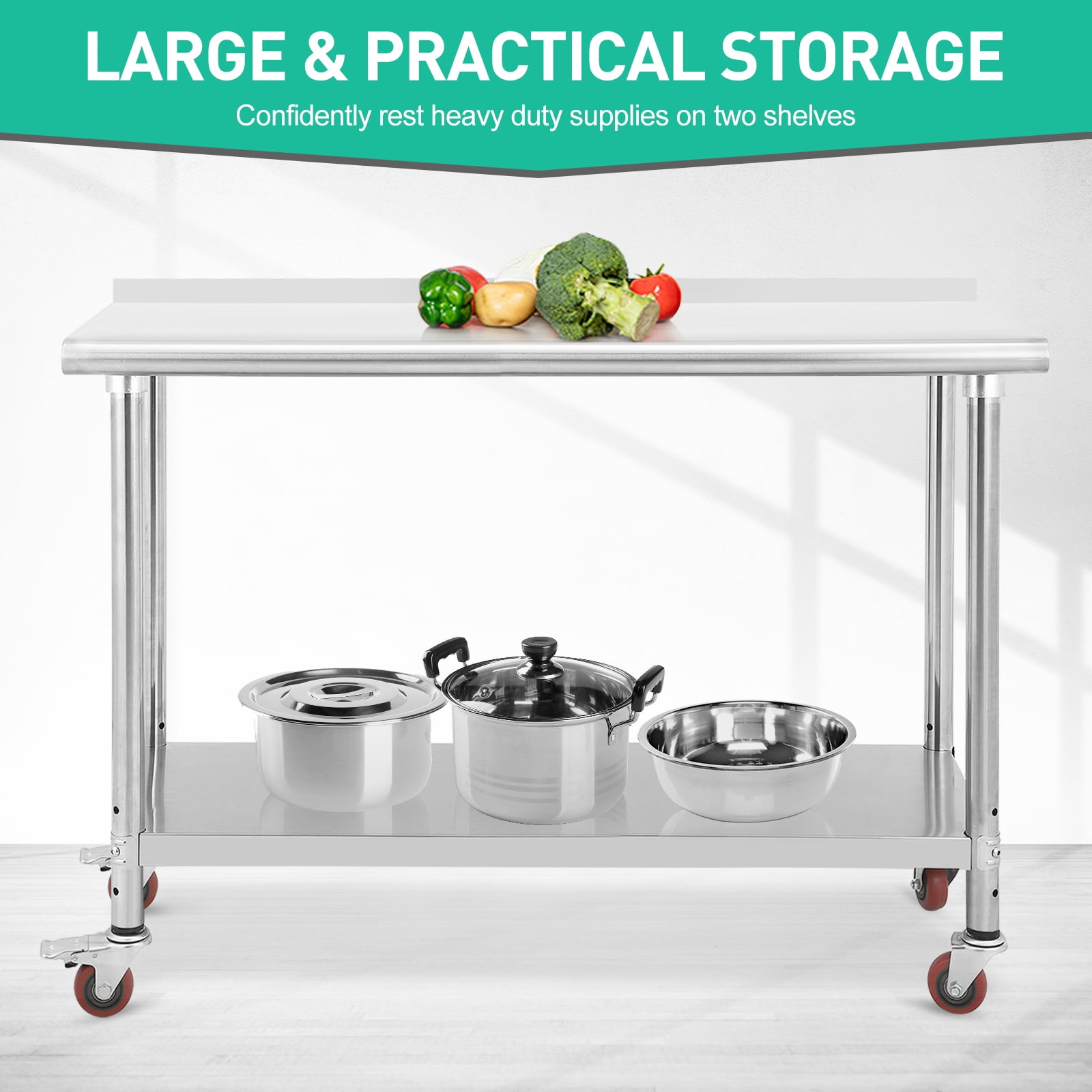 60"L Heavy Duty Stainless Steel Work Table – Double Layer Prep Table with Adjustable Under Shelf, Backsplash, Casters – Commercial Kitchen, Restaurant, Home, Hotel Station – With Tailgate, Silver