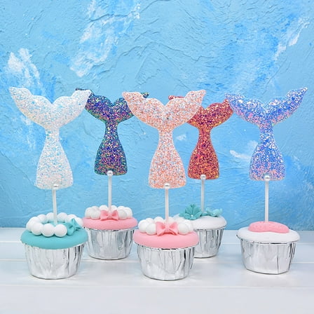 Supvox Mermaid Tail Cake Toppers for Decoration with Sequin Assorted Color 5 Pieces Creative Picks