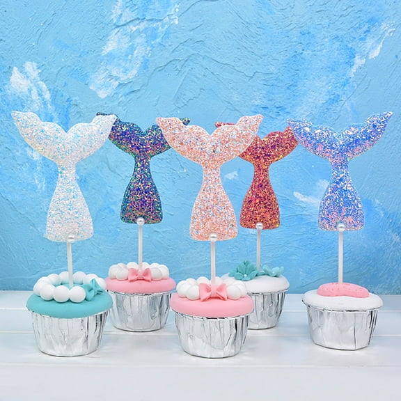 Supvox Mermaid Tail Cake Toppers for Decoration with Sequin Assorted Color 5 Pieces Creative Picks