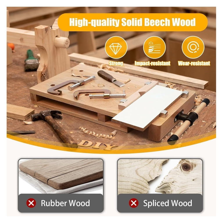 Woodworking Bench Vise – Portable Beech Wood Workbench With G-Type Clamps & Limit Blocks, 7.87 Inch Opening, For Chiseling, Planing, Sawing