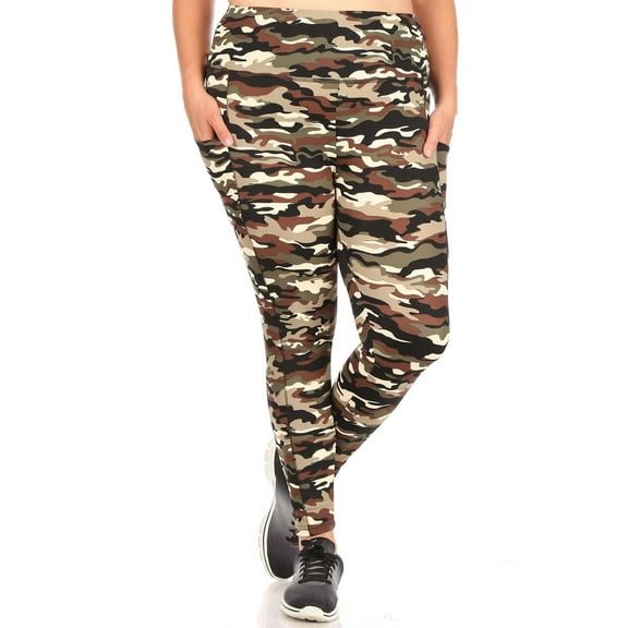 Camouflage Sport Leggings - Plus Size - 1XL 2XL 3XL with Side Pocket Olive 3XL
