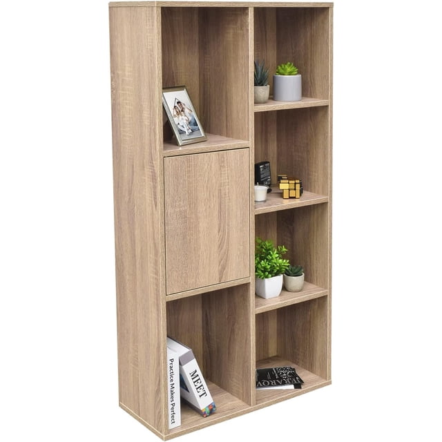 A basic minimalist-style bookshelf, highly suitable for use in the living room, equipped with storage or organizing space, featuring three drawers, a spacious surface, a beige color tone