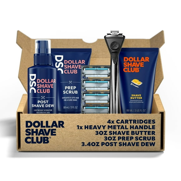 Dollar Shave Club | The Total Package Gift Set | 4 Extra Close Refill Cartridges, 1 Heavy Metal Handle, 1 Prep Scrub 3 ounce, 1 Shave Butter 3 ounce, 1 Post Shave Dew 3.4 ounce