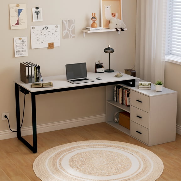 Chnnmbrn Adult Collection Modern Power Outlet and File Cabinet L Shape Desk, White