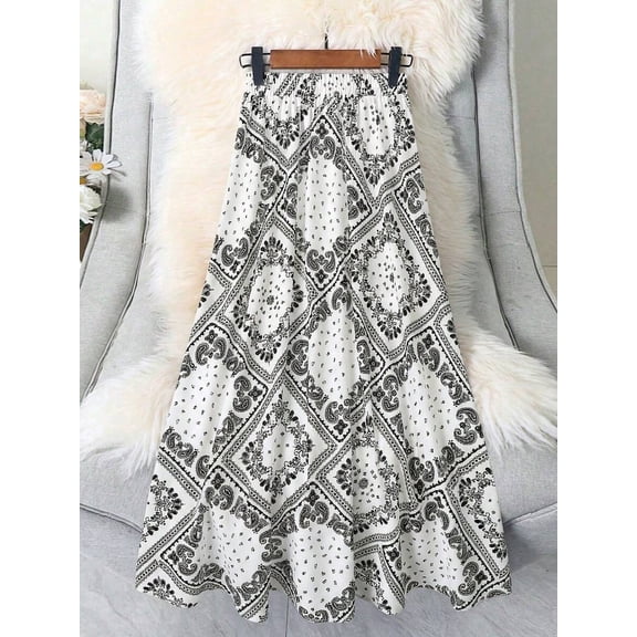 White Paisley Bandana Print Elastic Waist Flowing A-Line Maxi Skirt For Women Casual Summer Vacation Skirt