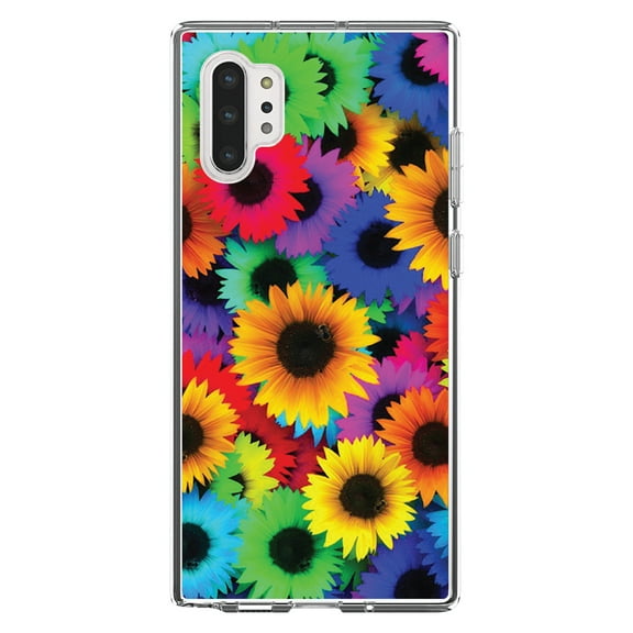 DistinctInk Clear Shockproof Hybrid Case for Galaxy Note 10 PLUS (6.8" Screen) - TPU Bumper, Acrylic Back, Tempered Glass Screen Protector - Red Green Yellow Sunflowers