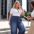 thumbnail image 2 of Agnes Orinda Women's Plus Size Jeans Drawstring Elastic Waist Denim Pants Casual Wide Leg Chambray Palazzo Pants with Pockets 4X Black Blue, 2 of 8