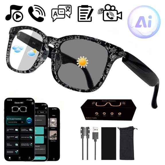 AI Smart Glasses for Men & Women – Powered by ChatGPT, 164 Languages Translation and Photochromic Lens, Meeting Assistant, Bluetooth Glasses / Music & Hands-Free Calling, UV & Blue Light Protection