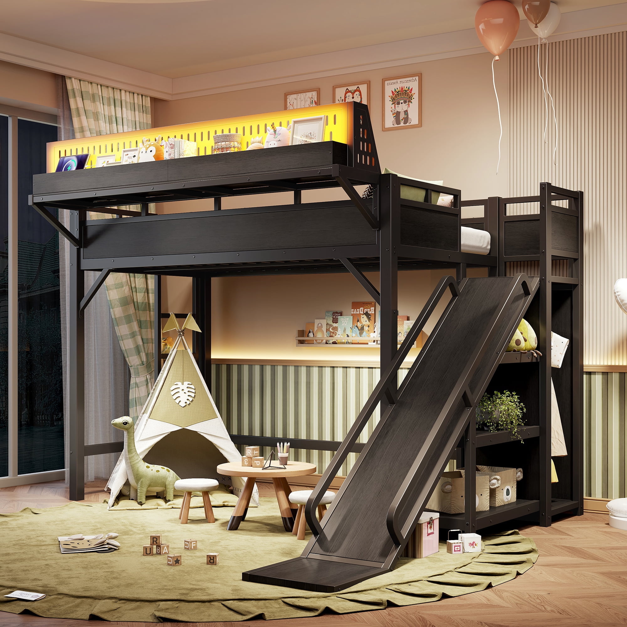 Leumius Twin XL Size Loft Bed with Slide,Storage Shelves and Built-in Wardrobe,Metal Loft Bed Frame with USB Ports and LED Lights,Pegboard,Safety and Solid,