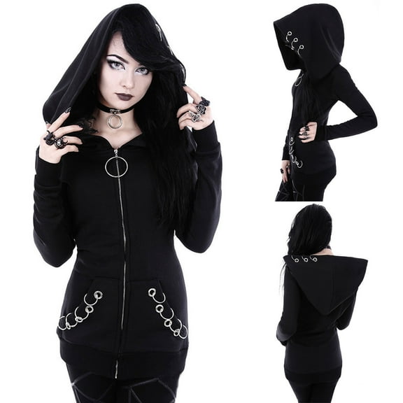 Cardigans for Women Spring Women Plus-Size Loose Gothic Punk Long Sleeve Hooded Black Cardigan Zipper Jacket Coat