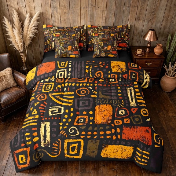 Manfei African Abstract Twin Bedding, Tribal Bedding Comforter Set, Orange, Yellow and Black, Black Reversible 7 Pieces