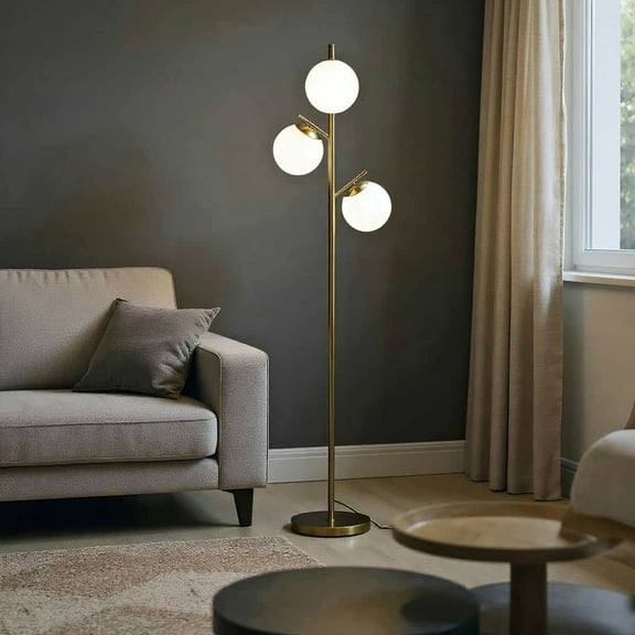 Spaco 10.75"x10.75"x66.5" Modern 3-Light Floor Lamp, Tree Standing Lamp with Globe Lampshades for Indoor as Living Room, Bedroom, Gold