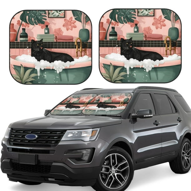 Balery Black Cat Pink Bathroom Parasol para parabrisas de coche de 2 piezas | Parasol plegable para parabrisas delantero de coche para la mayoría de sedanes-Medium