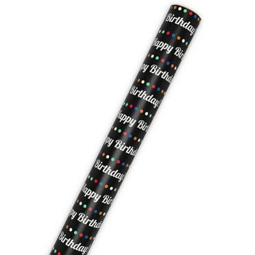 Hallmark Birthday Wrapping Paper Roll (White Lettering and Colorful Dots on Black) 20 Sq. ft.