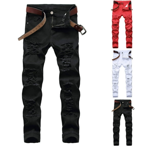 FRSASU Mens Button zipper Ripped Jeans, Distressed Destroyed Slim Fit Straight Leg Denim Pants with pockets White