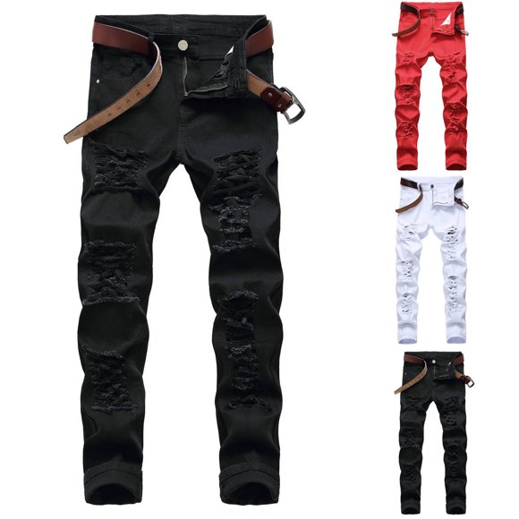 AnuYalue Men's Big and Tall Ripped Jeans Skinny Slim Fit Stretch Distressed Destroyed Jeans Black XL
