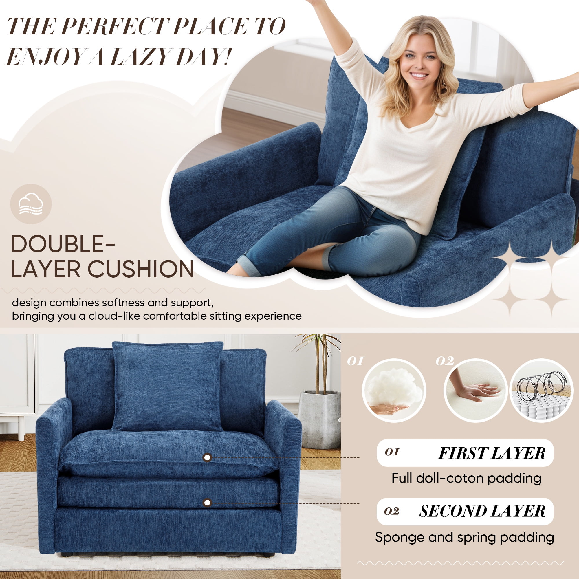 Lunale Oversized Chair with Ottoman, Reading Accent Armchairs for Living Room, Bedroom, Blue Chenille