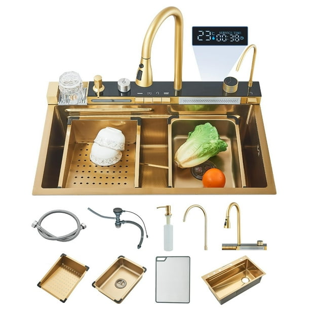 Fregadero de Cocina 75x45cm de Una Cubeta Extra Grande - Acero Inoxidable Antihuellas + Grifo Cascada Extraíble, Incluye Dispensador de Jabón, Filtro de Agua y Antiderrames