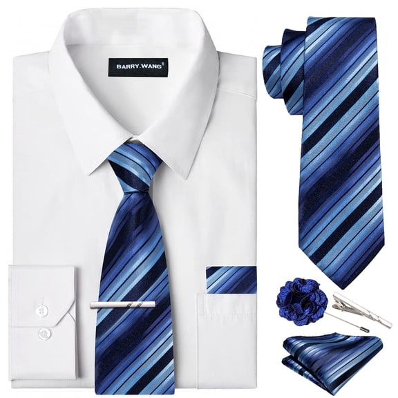 Solid Colors Mens Dress Shirt Matching Tie Set Formal Business Wedding Shirts Long Sleeve Button Down Casual White Blue 6PCS