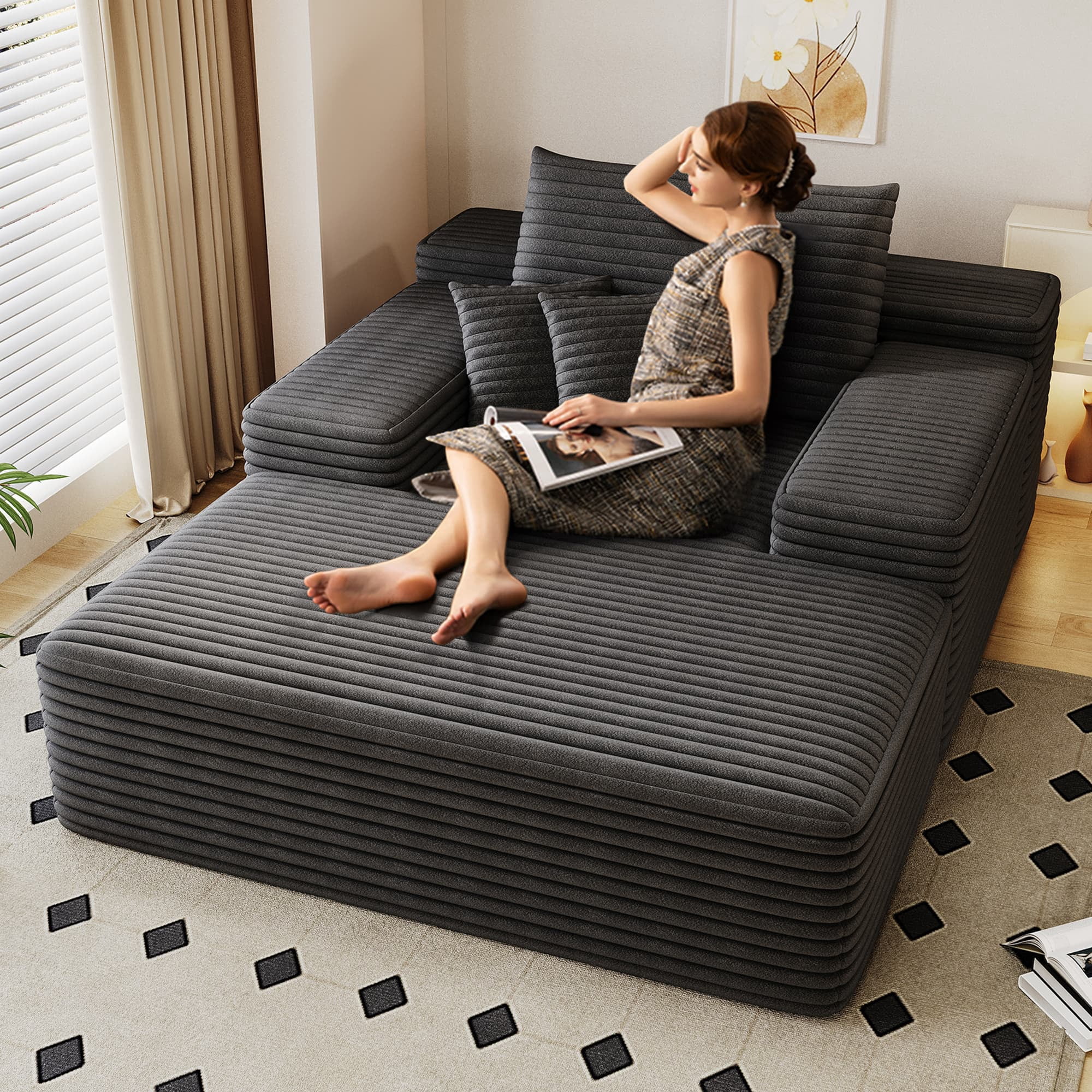MAYEERTY 68"×51" Chaise Lounge Dark Gray Plush Faux Fur Oversized Sofa Bed Living Room