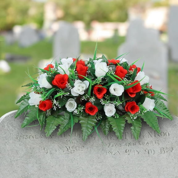 Artificial Cemetery Flower-Outdoor Grave Saddle Headstone Decorations,Pink and White Rose Memorial Day Flowers for gravesite (Pink and White)