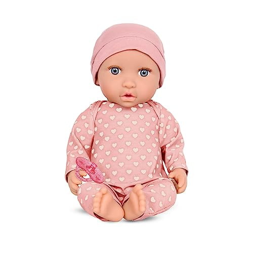 LullaBaby – Muñeca bebé realista de 14 pulgadas – Tono de piel claro y ojos grises – Cuerpo suave y conjunto extraíble – Gorro rosa y accesorio para chupete – Juguetes para niños de 2 años en adelante