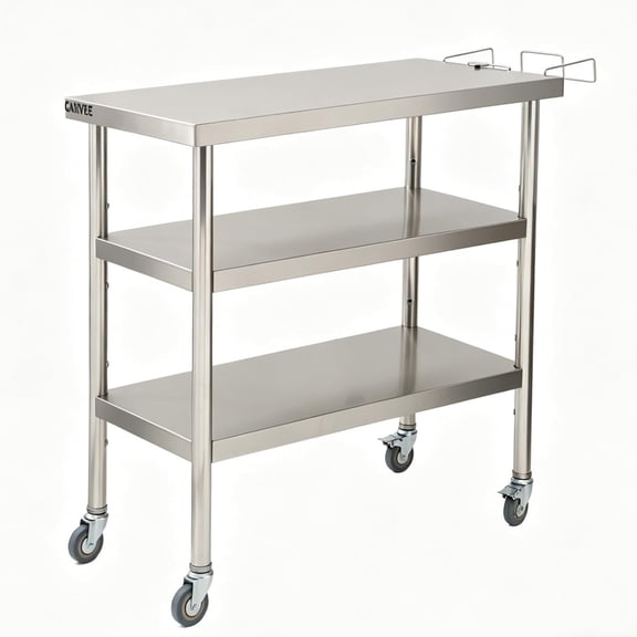 36x24 In Rolling Stainless Steel Kitchen Island with 3-Tier Shelves Side Hooks Locking Casters