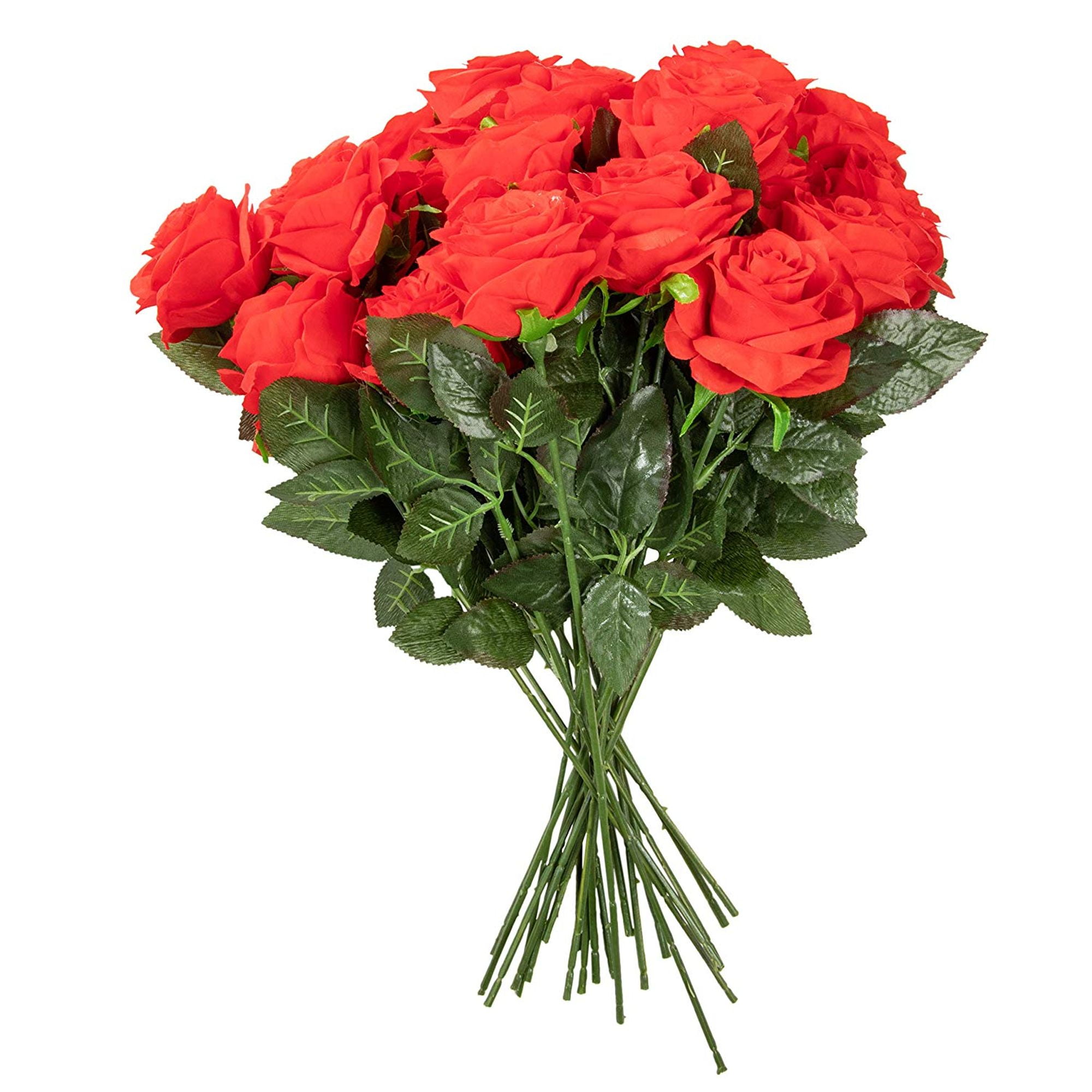 Red Roses Artificial 24Count Silk Rose Flower Bouquet, Fake Roses for Weddings, Parties