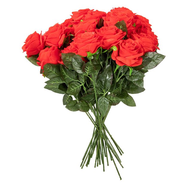 Red Roses Artificial 24Count Silk Rose Flower Bouquet, Fake Roses