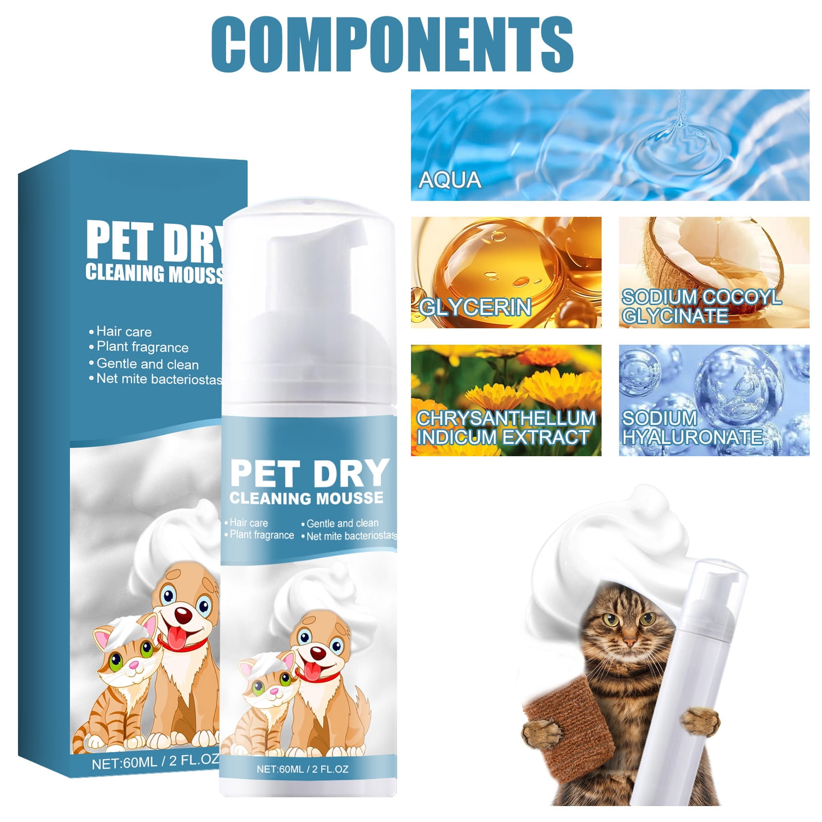Alvantor Waterless Pet Dry Shampoo Mousse for Dogs & Cats, 2 fl. oz