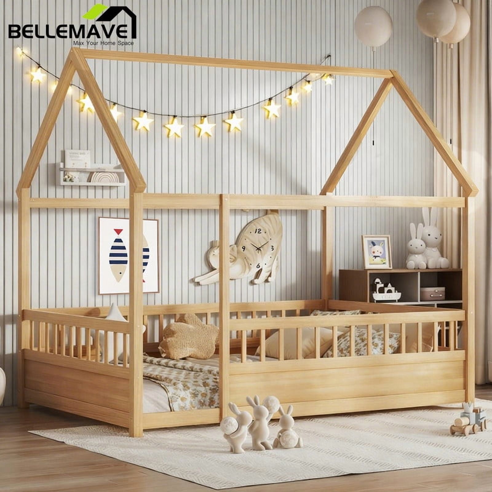 Bellemave Full Size Floor Bed, Wood Full House Bed with High Fence, Safe Playhouse Montessori Floor Bed, Natural