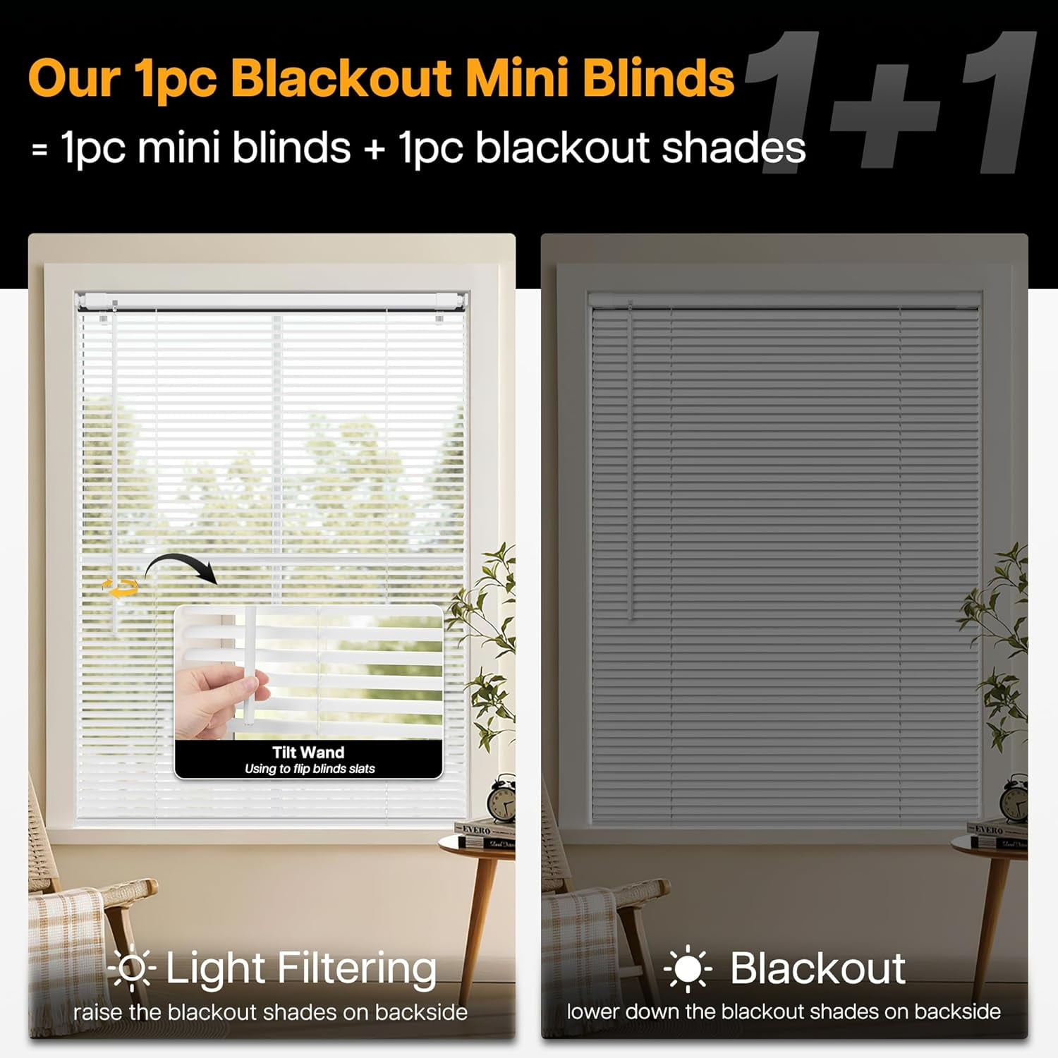 LazBlinds No Tools No Drill Cordless 1" Vinyl Mini Blinds, 100% Blackout Blinds for Indoor Windows, Room Darkening Privacy Window Blinds and Shades for Interior, 30" W x 64" H, White