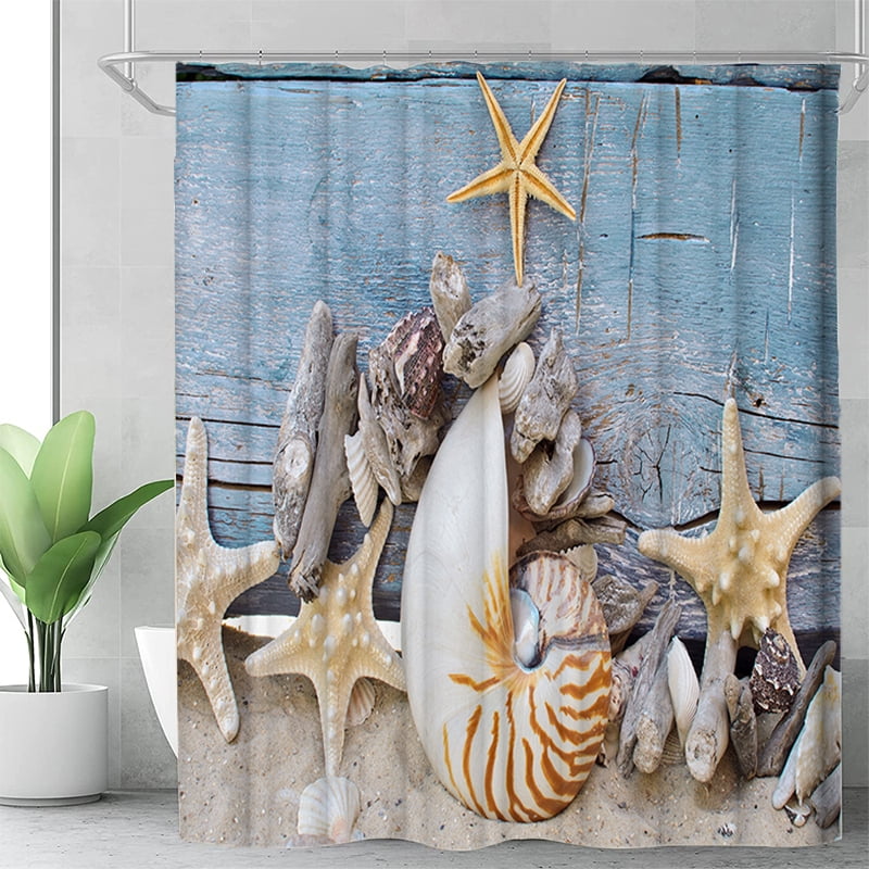 70.9 Ocean Shower Curtain, Seashells Starfish Conch Waves Ocean Waterproof Bath  Curtains with 12 Hooks for Bathroom Toilet Decor 