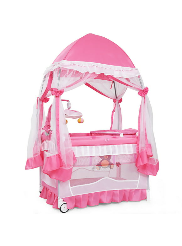 Costway 4 in 1 Portable Baby Playard Crib Bed w/Changing Table Canopy Music Box