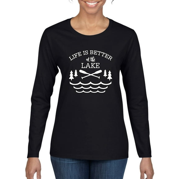Wild Bobby, Life Is Better At The Lake, Women Graphic Long Sleeve Tee, Black, Small