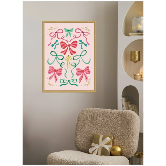 Kate and Laurel Framed Canvas Wall Art Print 'Christmas Bows' by Rachel Lee, 18 x 24 Sylvie Bright Gold Frame, Whimsical, Holiday Art for Wall Decor