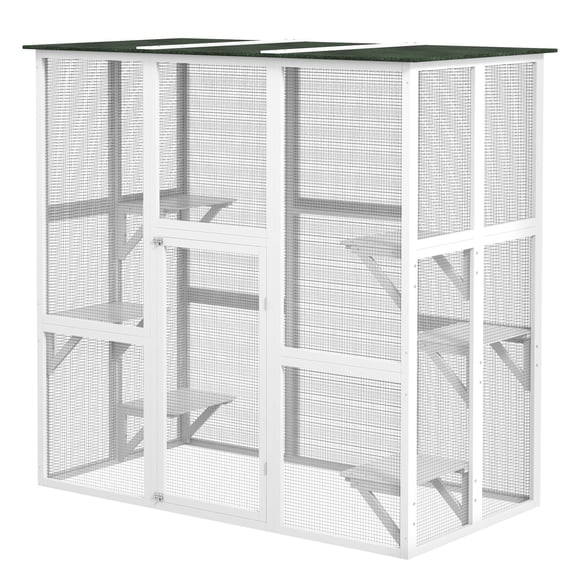 Large White Outdoor Cat Enclosure - 6-Level Catio with Asphalt Roof, 70.9" x 38.6" - Secure Cat Patio for Living Room, Balcony & Yard