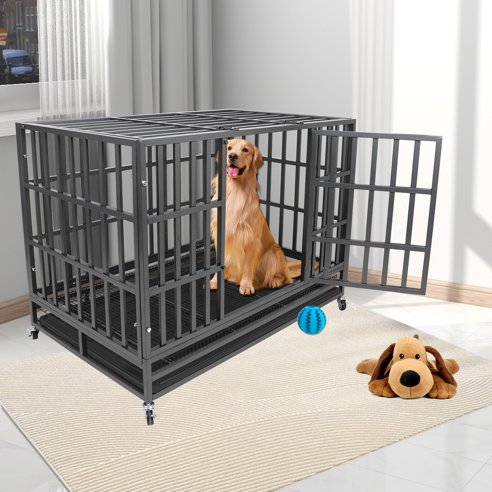 Confote 48 Inch Heavy Duty Dog Crate Metal Kennel, Pet Cage with Lockable Wheels, High Anxiety Double Door for Medium Large Dogs