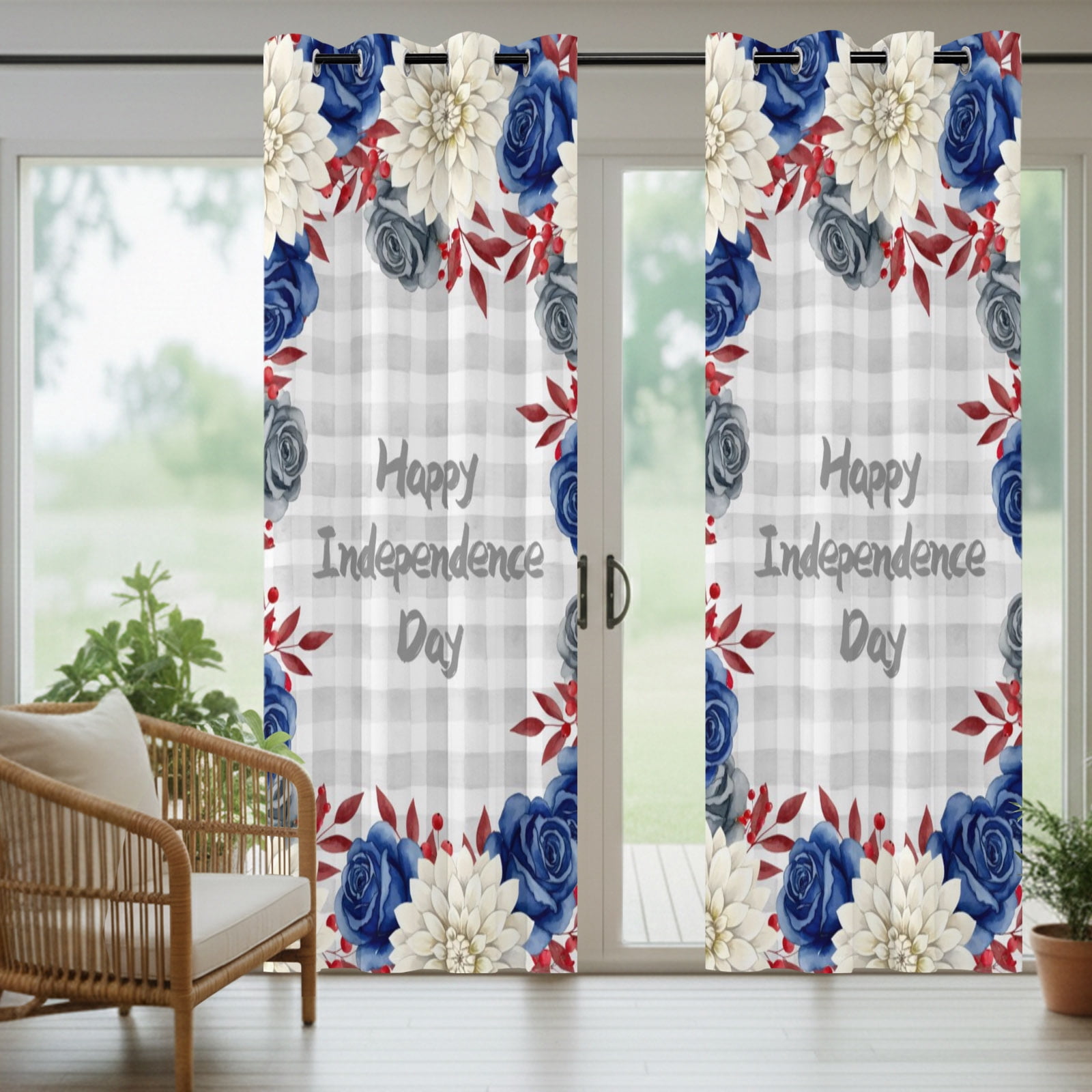 Happy Independence Day Outdoor Curtains for Patio, Red Blue Rose Dahlia Floral Plaid Sunshade Privacy Drapes Grommet Waterproof Outside Curtains for Porch/Cabana/Balcony 54"x 84", 1 Panel