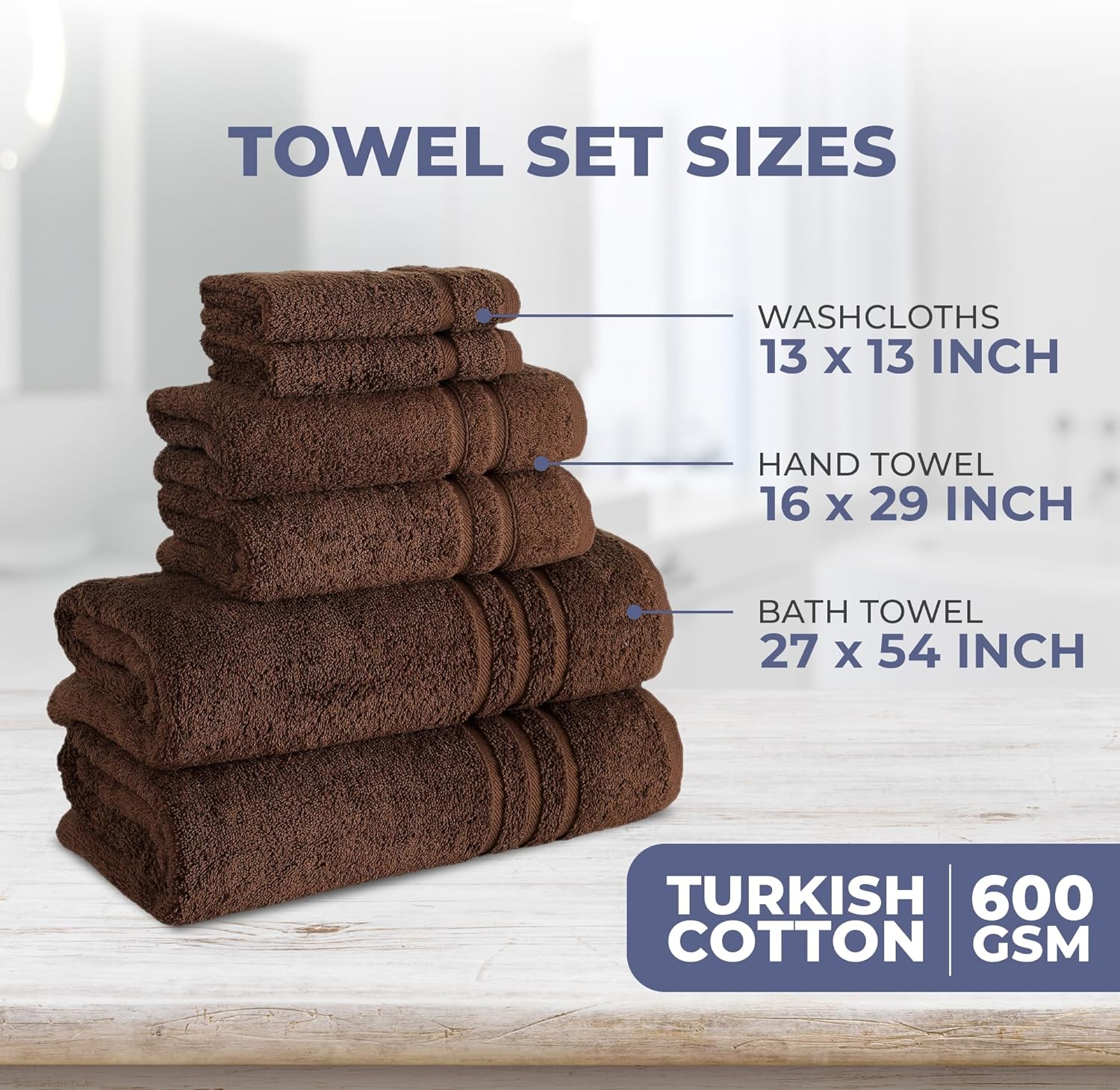 Hawmam Linen Bathroom Accessories - 6-Piece Bathroom Set - 100% Turkish Cotton - 2 Bath Towels, 2 Hand Towels, 2 Washcloths - High Absorbent, Quickdry, Plush - Dorm Room Essentials - Luxury 600 GSM
