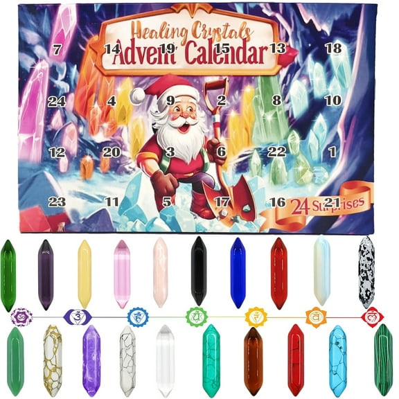 XEOVHV Advent Calendar 2024-24 Days of Crystals and Healing Stones Kit with Crystal Necklace Holder, Magnifier, and Storage Bag - Christmas Countdown Gifts for Girls Boys Kids Adults and Teenagers