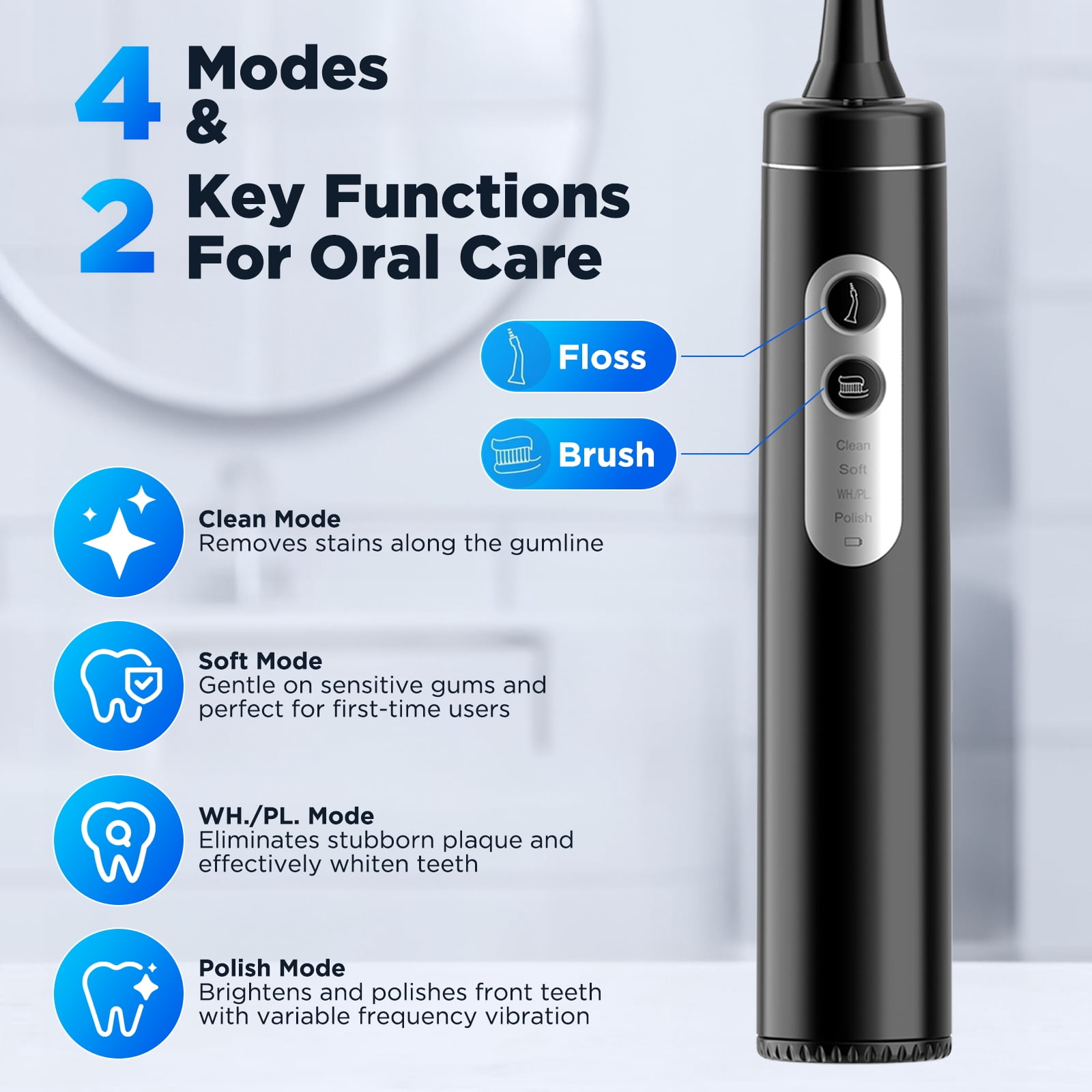 Electric Toothbrush with Water Flosser, 3-in-1 Sonic Flossing Toothbrush with 6 Modes, Teeth Cleaning Kit for Adults Teeth Cleaning and Plaque Removal (Black)
