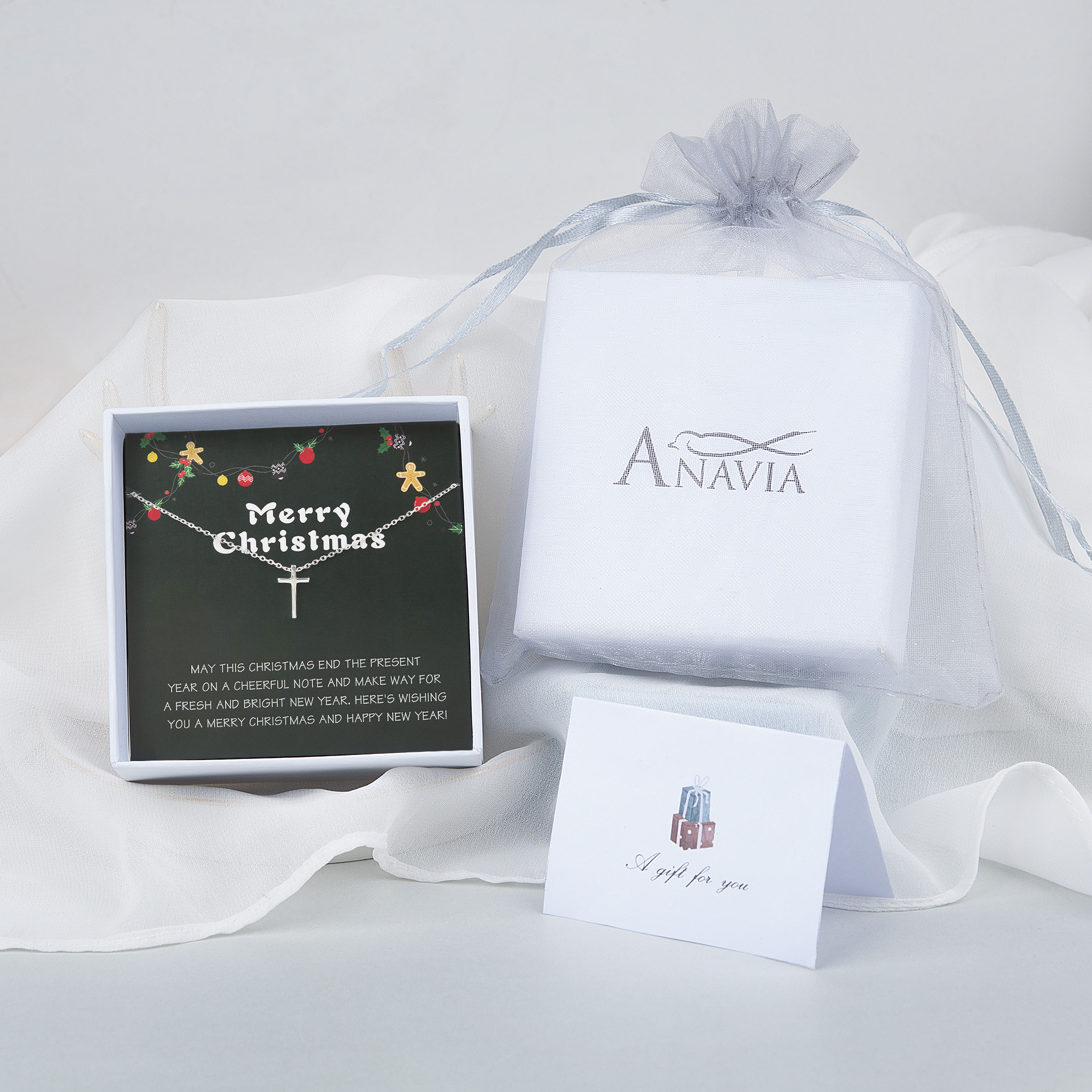 Anavia Coworkers Christmas Gifts Sterling Silver Cross Necklace, New Year Gift Necklace Card for Teacher Boss