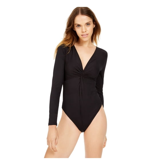 Bar III Womens Ribbed Twist Front Bodysuit Black XL