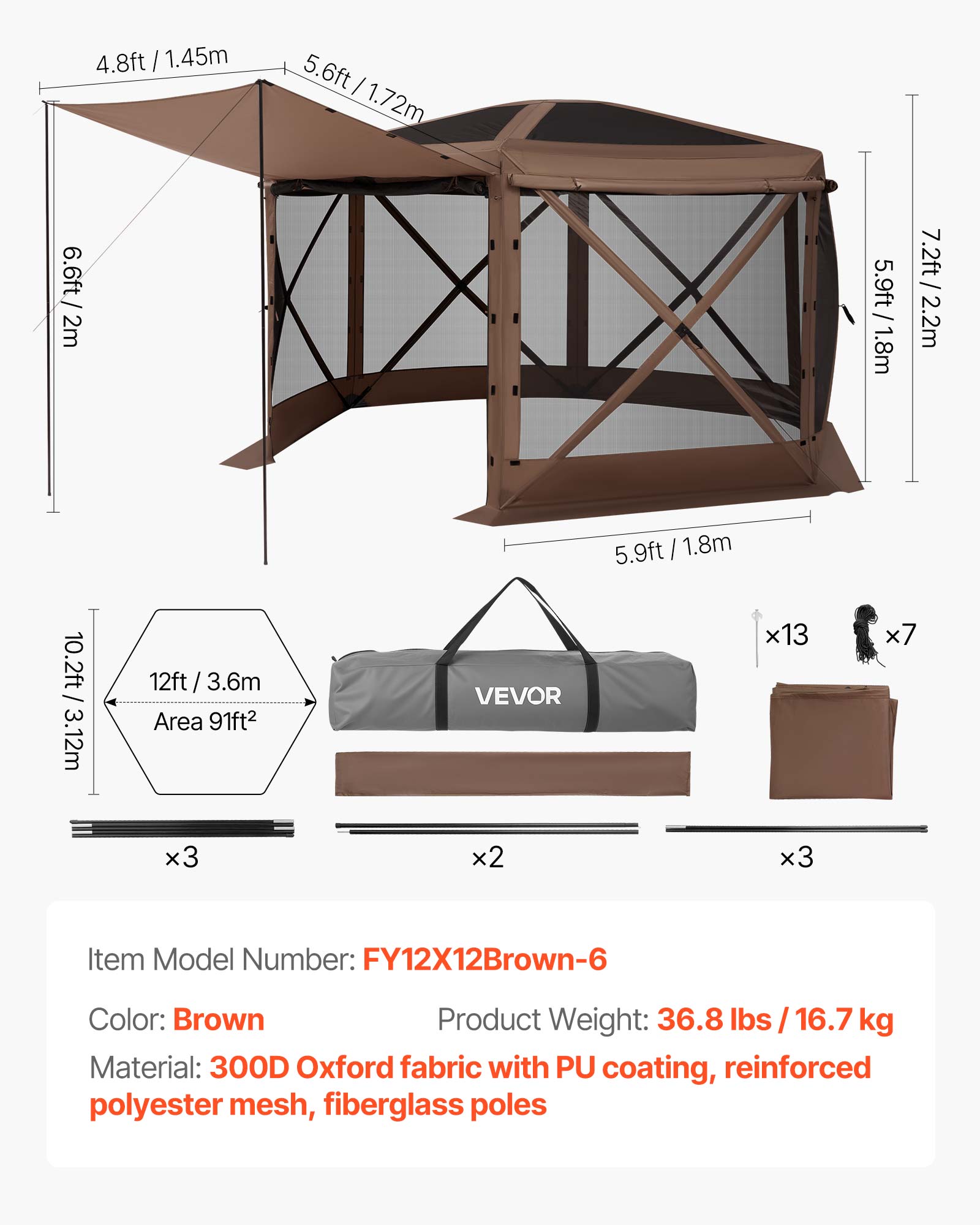 VEVOR Pop up Gazebo Screen Tent, 12 x 12 ft Large 6-Sided Camping Canopy Tent with Removable Top & Carry Bag, Quick-Set & Bite-Proof, Screen House Sun Shelter for 8-10 Persons Backyard Patio, Brown