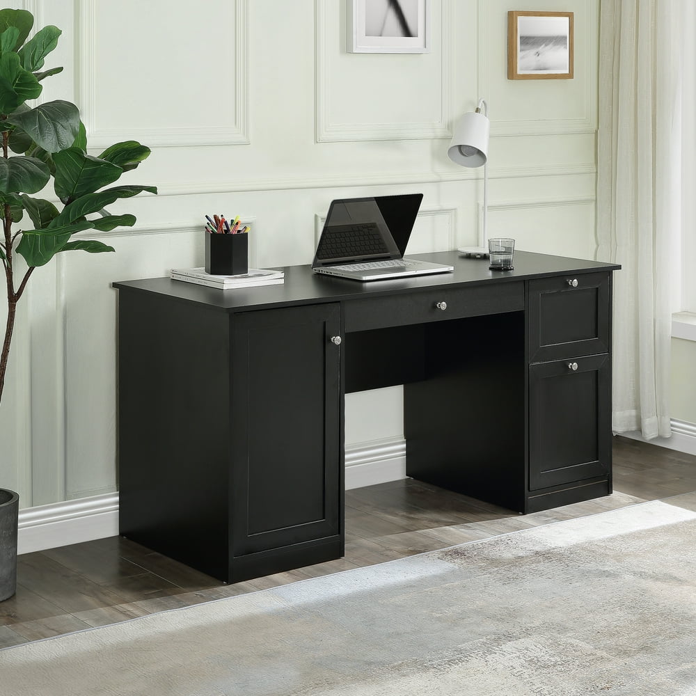 Home Office Storage Desk with 2 Drawers, Wirting PC Laptop Table Workation Black