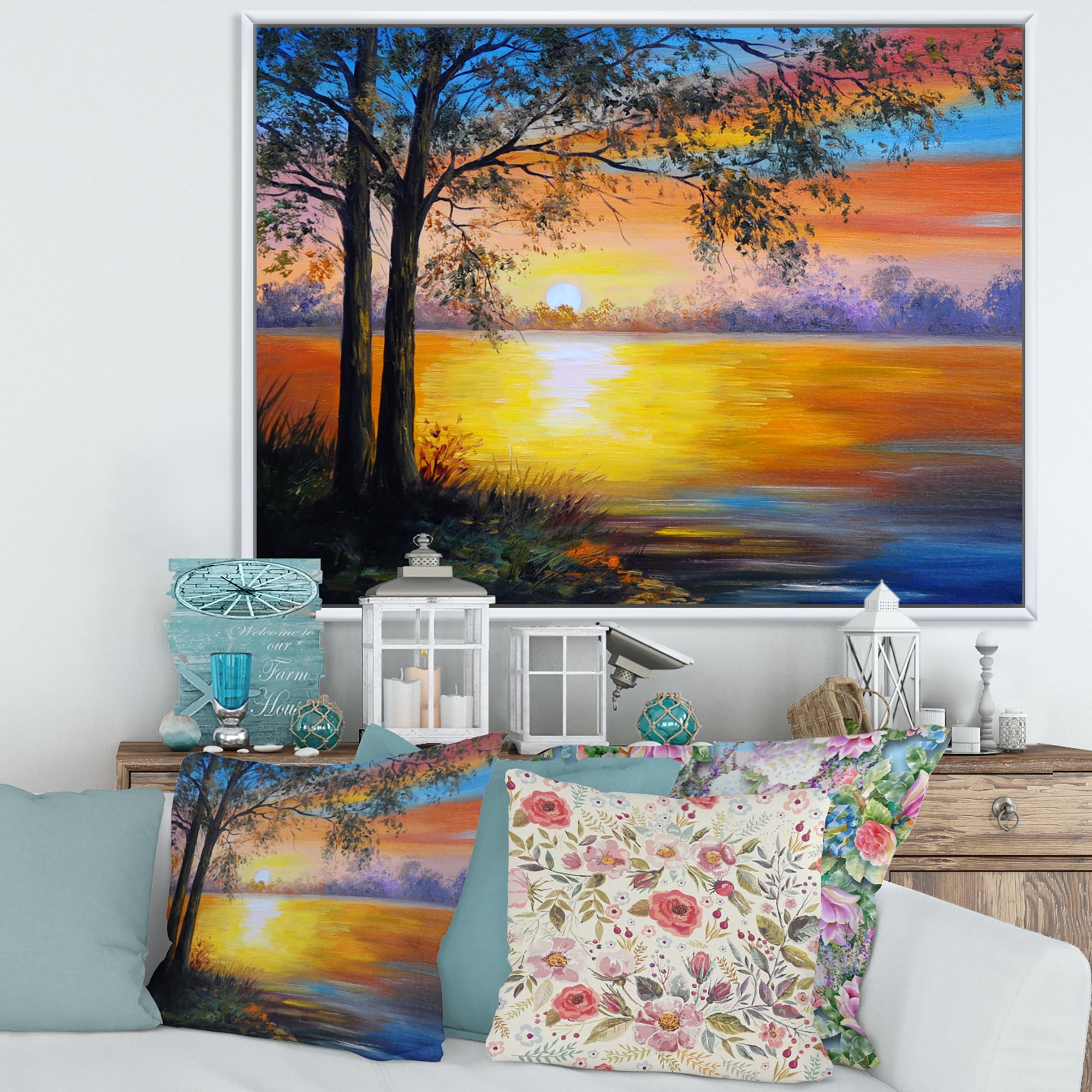 Tree Near The Lake in Evening 32 in x 24 in Framed Painting Canvas Art Print, by Designart