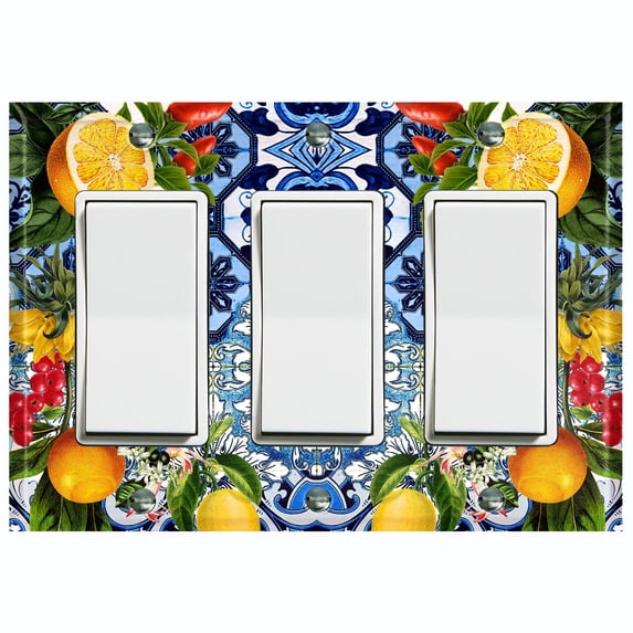 Metal Light Switch Plate Cover Elegant Floral Fruit Blue Tile Pattern TIL018